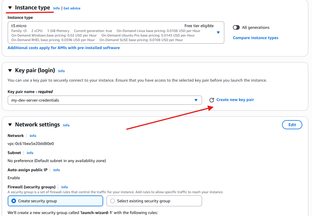 Instance type and key generate